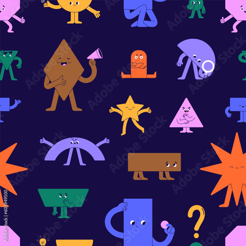 Cute geometry, seamless pattern. Geometric shapes, funny characters with face expressions, emotions, repeating print. Endless background, repeatable texture. Colored flat graphic vector illustration