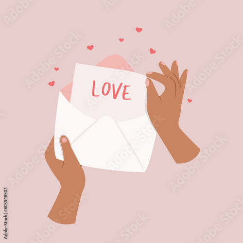 Hand holding envelope with heart, Hands holding mail, Sending post vector concept.