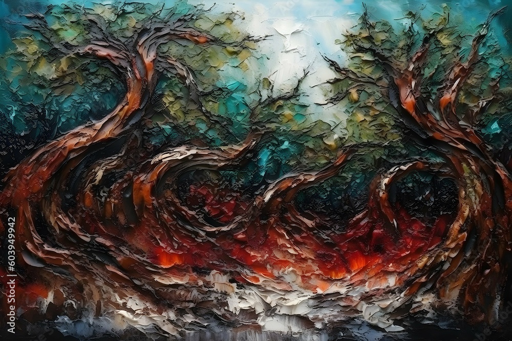 Painting of a mysterious enchanted forest with twisted trees. Created with Generative AI technology. Painting of a mysterious enchanted forest with twisted trees. Created with Generative AI technology.
