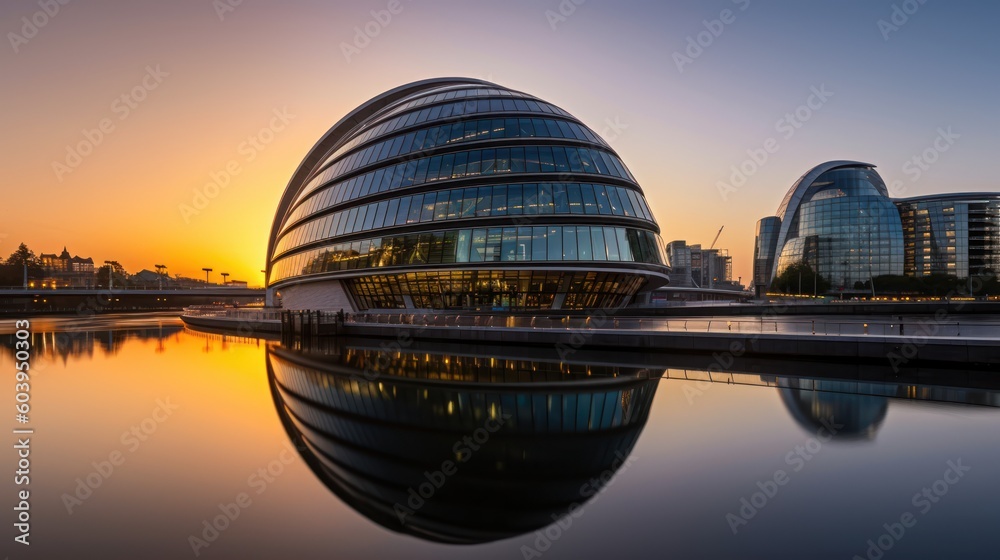 Glowing in the sunset's warm embrace, the modern city hall, an ode to organic architecture, stands elegant over tranquil waters. Its minimalist design casts long, dramatic shadows, Generative AI Glowing in the sunset's warm embrace, the modern city hall, an ode to organic architecture, stands elegant over tranquil waters. Its minimalist design casts long, dramatic shadows, Generative AI