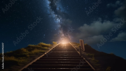 Stairway leads upward, guiding towards the celestial sky and the divine light Generative AI
