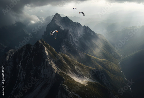 a parasailer flies from the top of a mountain, in the style of photo-realistic landscapes, mysterious backdrops, textured, organic landscapes photo