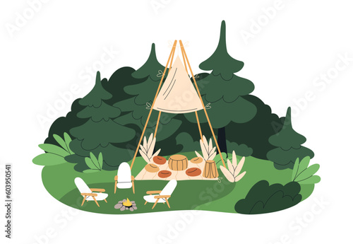 Cozy tipi in forest. Comfortable glamping, glamorous camping with teepee and armchairs, fire on summer holiday. Luxury outdoor recreation area. Flat vector illustration isolated on white background