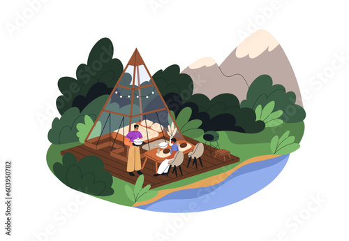 Glamping at A-frame house with glass walls. Tourists relaxing at triangle bui...
