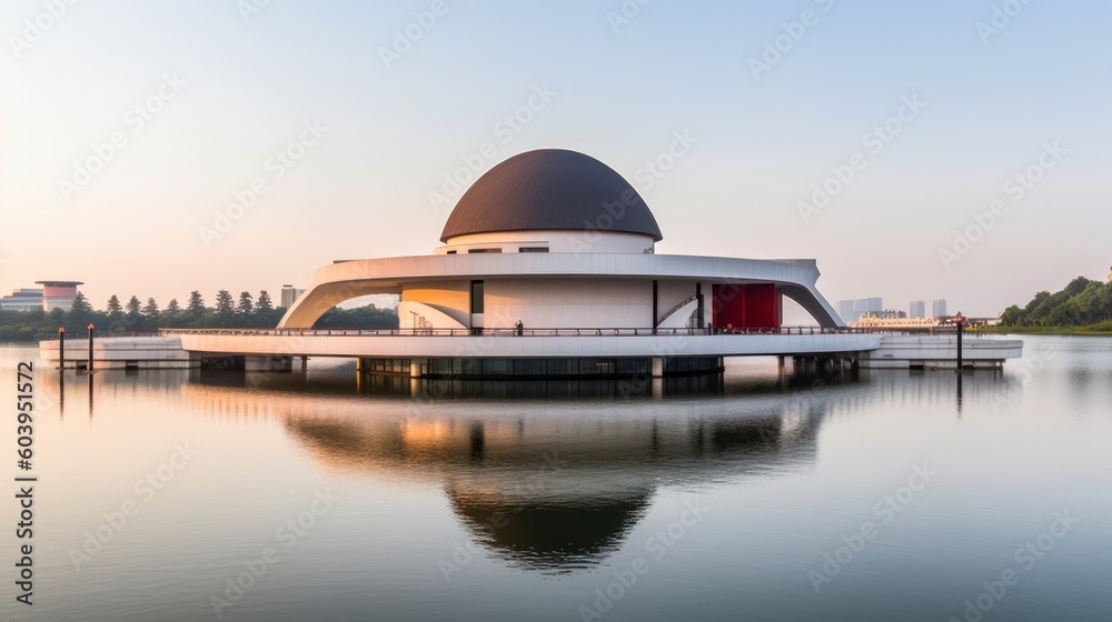 Under the sunlight, an art museum blossoms. Its organic architecture, a harmony of glass and concrete, radiates warm tones, highlighting its unique charm. Generative AI Under the sunlight, an art museum blossoms. Its organic architecture, a harmony of glass and concrete, radiates warm tones, highlighting its unique charm. Generative AI