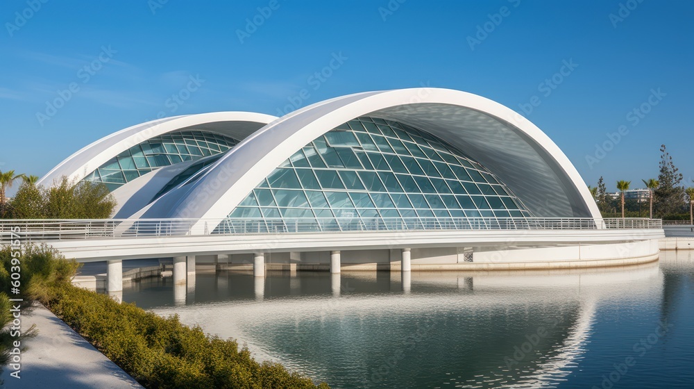 Obraz premium Under the sunlight, an art museum blossoms. Its organic architecture, a harmony of glass and concrete, radiates warm tones, highlighting its unique charm. Generative AI