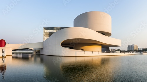 Under the sunlight, an art museum blossoms. Its organic architecture, a harmony of glass and concrete, radiates warm tones, highlighting its unique charm. Generative AI