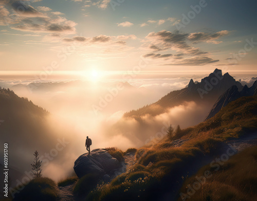 a person standing on top of a mountain viewing clouds and the sunrise  in the style of swiss style  photo-realistic landscapes