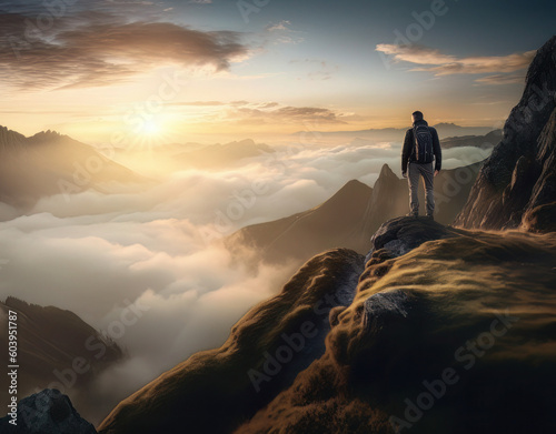 a person standing on top of a mountain viewing clouds and the sunrise  in the style of swiss style  photo-realistic landscapes