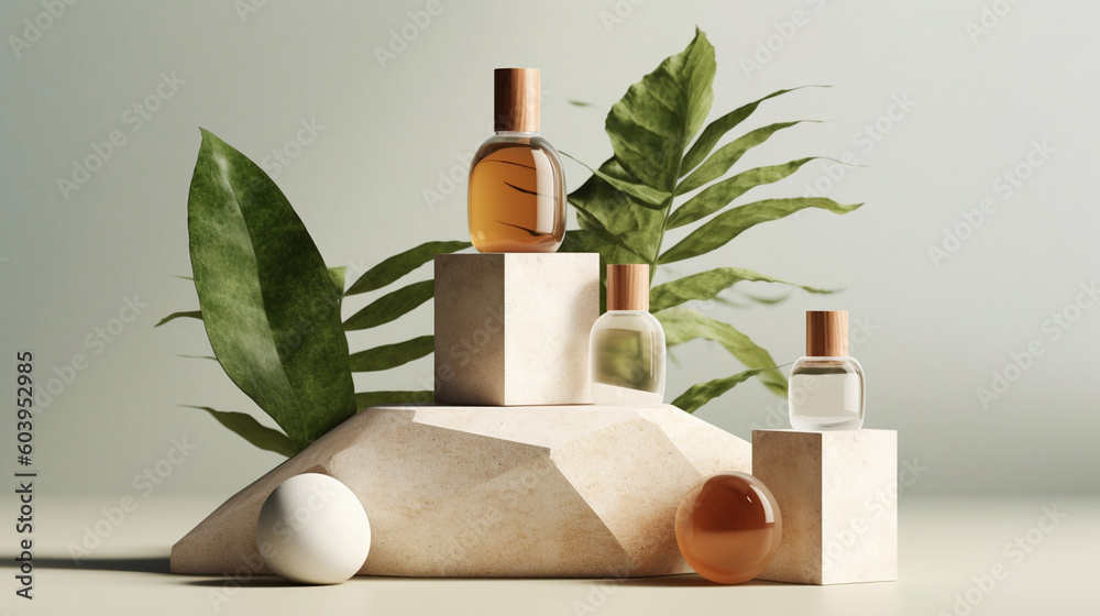 Amber Bottle/Container Product Mock Up with Clear Liquid and Leaves - Geometric Stone and Wood Podiums on Beige and Cream Background - Beauty, Cosmetics, Skincare, Essential Oils Brand - Generative AI