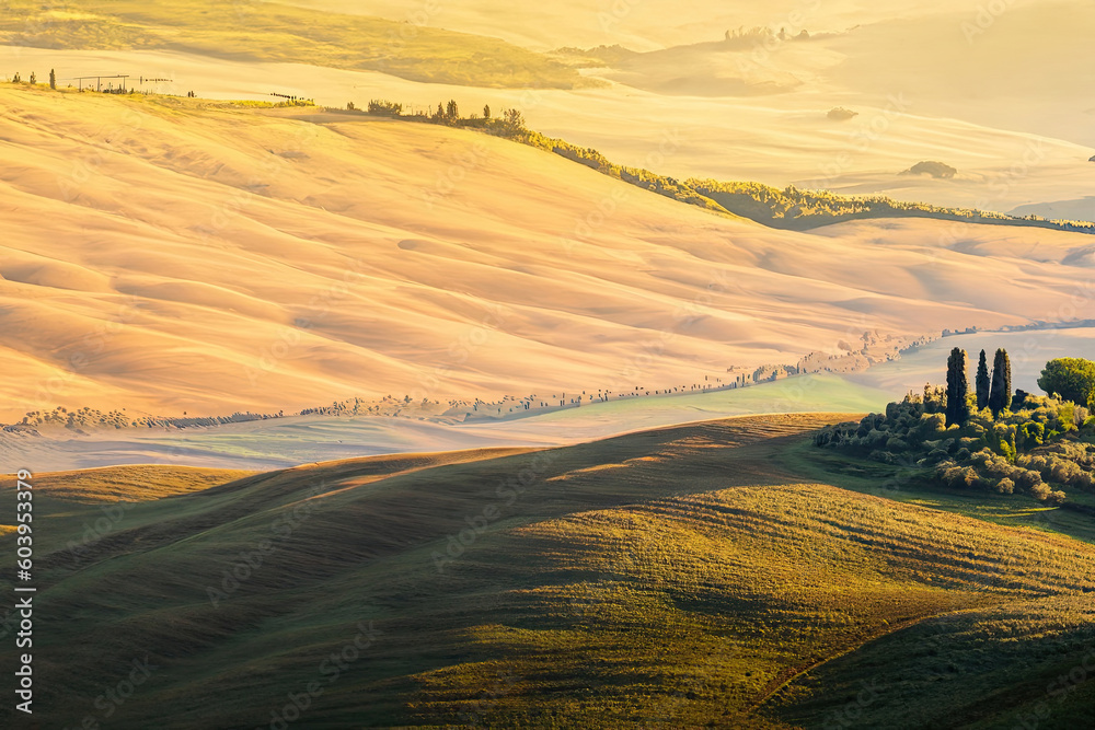 Rolling Tuscany landscape at sunset