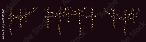 Gold vines frames and borders, golden hanging vine curtain design, botanical elements vector illustration set
