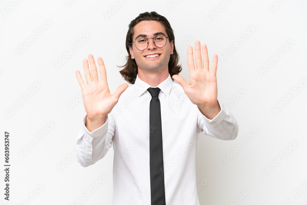 Business handsome man isolated on white background counting ten with fingers Business handsome man isolated on white background counting ten with fingers