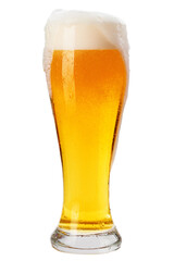 Glass of cold beer with foam, bubbles in drink, isolated on white background