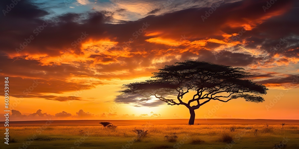 AI Generated. AI Generative. Photo realistic illustration of sunset tree of life outdoor scene. Graphic Art