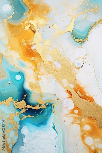 Abstract alcohol ink, white, gold, marble background