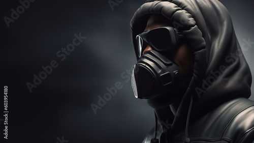 Black male model in glasses, respirator and hooded jacket on dark foggy background with copy space. Modern creative post-apocalyptic fashion concept. Generative AI