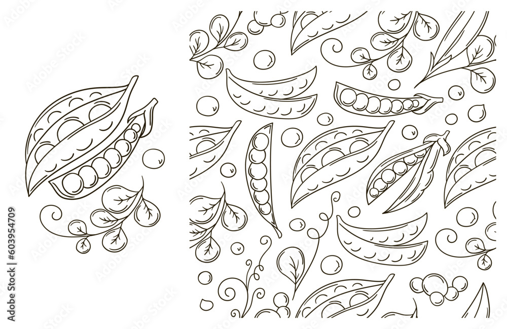 Fototapeta premium Coloring pattern for kitchen, restaurant or shop. Set in hand draw style