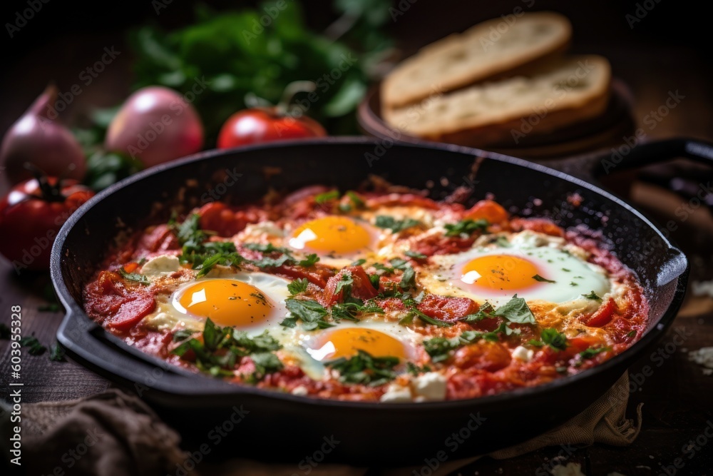 Delicious Shakshuka from Israel with fresh tomatoes, eggs in a pan with fresh herbs (Generative AI, Generativ, KI)
