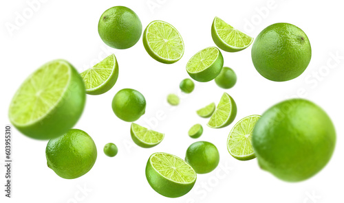 Flying delicious lime fruits, cut out © Yeti Studio
