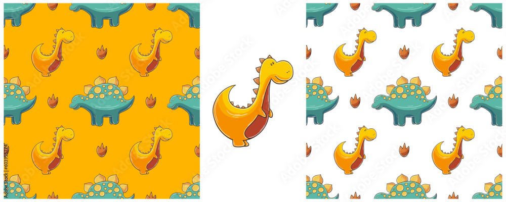 Dinosaurs of the Jurassic period. Hand drawn Set dinosaurs seamless pattern
