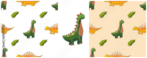 Dinosaurs of the Jurassic period. Hand drawn Set dinosaurs seamless pattern © bubushonok