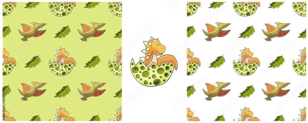 Dinosaurs of the Jurassic period. Hand drawn Set dinosaurs seamless pattern