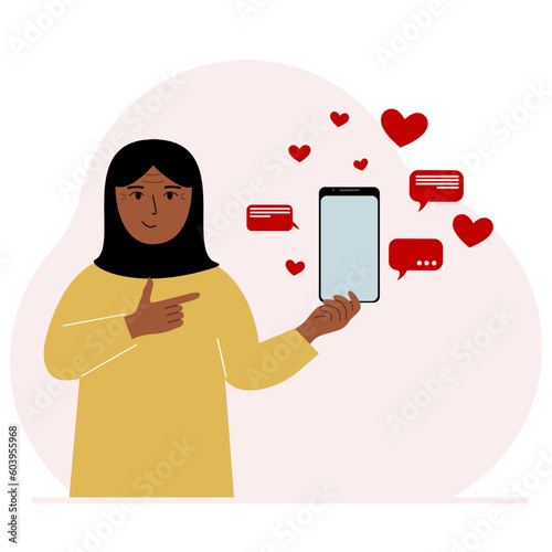 A woman with a smartphone in his hand. The concept of correspondence, communication, social networks. Lots of hearts.