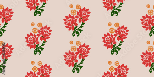 Ikat floral embroidery pattern on light pink background, traditional geometric pattern, Aztec style abstract vector illustration For background, carpet, wallpaper, clothes, batik wrapping, cloth.