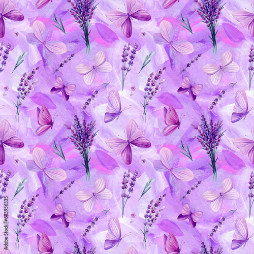Lavender flowers and butterflies, seamless pattern for wallpaper, textile, design. Abstract oil painting background