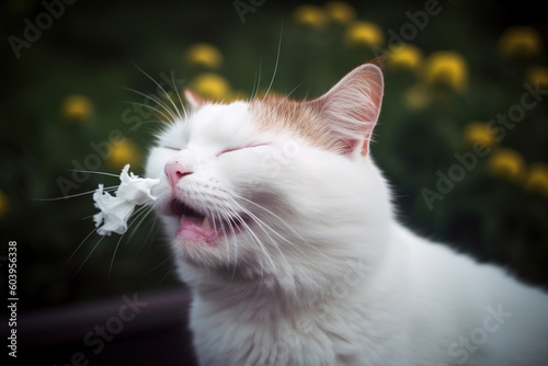 Cat sneezing after smelling flowers. Allergy metaphor with funny kitten. Generated AI.