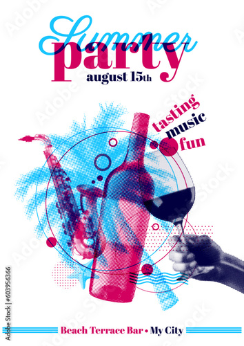 idea for festive summer event with drinks and music. Vector illustration with halftone effect. Poster template.