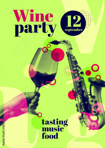 idea for festive summer event with drinks and music. Vector illustration with halftone effect. Poster template.