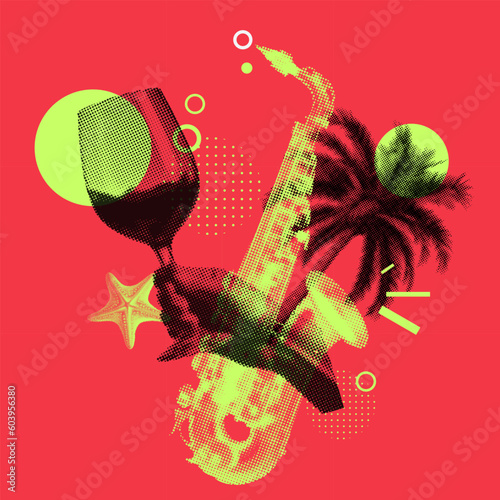 idea for festive summer event with drinks and music. Vector illustration with halftone effect. Poster template.