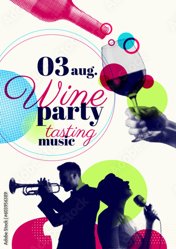 idea for festive summer event with drinks and music. Vector illustration with halftone effect. Poster template.