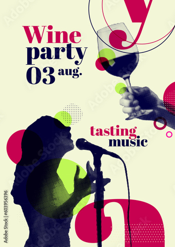 idea for festive summer event with drinks and music. Vector illustration with halftone effect. Poster template.