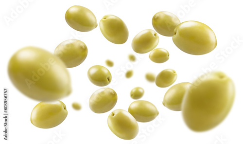 Flying delicious green olives, cut out