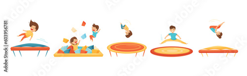 Happy Kids Jumping on Trampoline Bouncing and Having Fun Vector Set