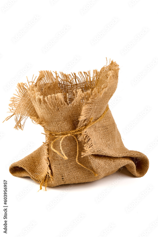 Fototapeta premium Old burlap fabric napkin, sackcloth piece isolated on white background.