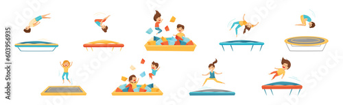 Happy Kids Jumping on Trampoline Bouncing and Having Fun Vector Set