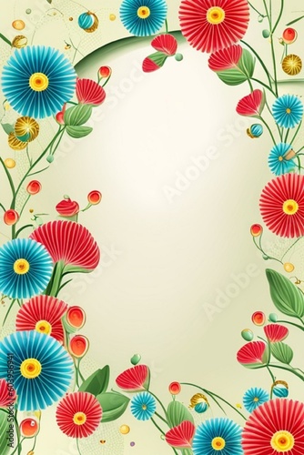Celebration Card with Frame of blue and red flowers  on light backkground