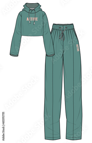 Women Crop Hoodie and Bottom Tracksuit Fashion Illustration, Vector, CAD, Technical Drawing, Flat Drawing, Template, Mockup.