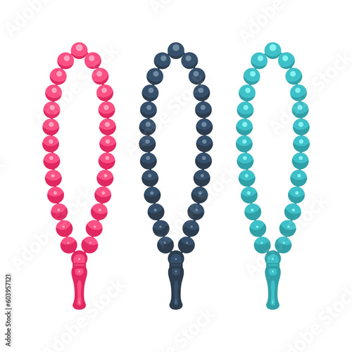 Three prayer beads of different colors made of stone, isolated on a white background, vector illustration, prayer beads standing