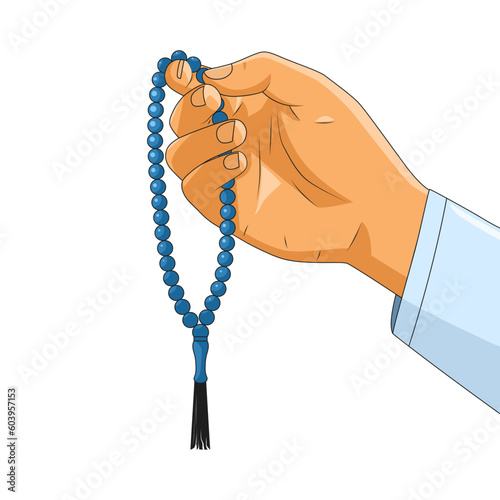 Vector illustration hand of muslim man holding a prayer beads isolated on white background photo