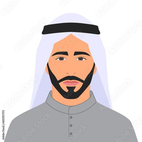 Portrait of a Arab man with a beard, oriental businessman, flat illustration, cartoon style, isolated on white background