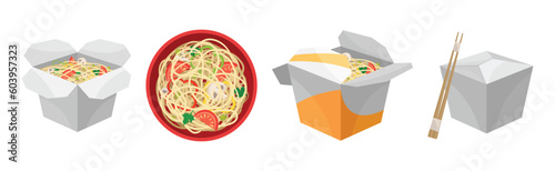 Chinese Noodles with Vegetables in Bowl and Cardboard Box Vector Set