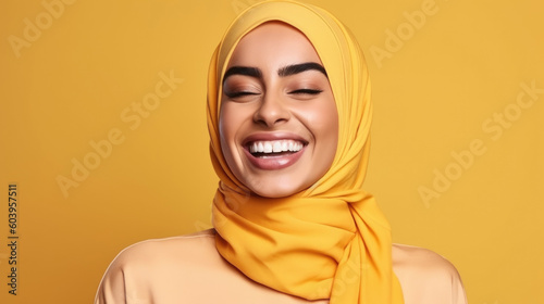 Vibrant Headshot Portrait: young middle eastern Woman laughing with the eyes closed in Yellow Hijab, Studio Shot on Isolated Yellow Background with copy space, generative ai © Generative ART