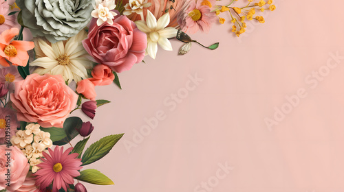 Abstract background of flowers in pastel tones with copy space. Flat lay. Generative AI. © Jnis