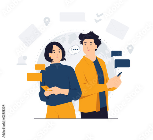 Messaging, chatting, Texting, typing, and sending messages. Standing back to back man and woman holding mobile phones, friends having online conversation concept illustration
