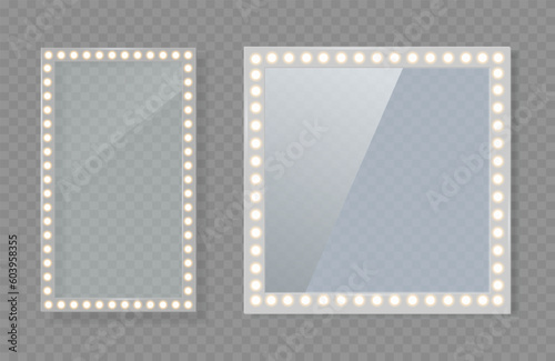 Makeup mirror isolated with lights. Vector square and round frames. Vector template.